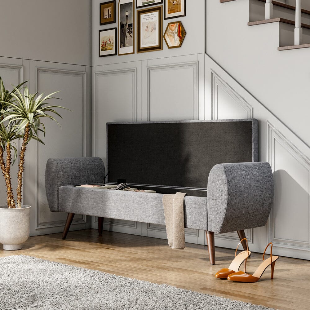 Upholstered Storage Bench with Hidden Compartment – Fabric Ottoman with Wooden Legs Living and Home 