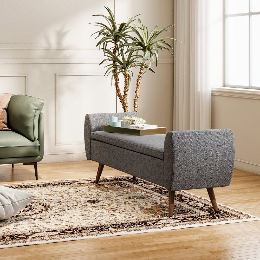 Upholstered Storage Bench with Hidden Compartment – Fabric Ottoman with Wooden Legs Living and Home 