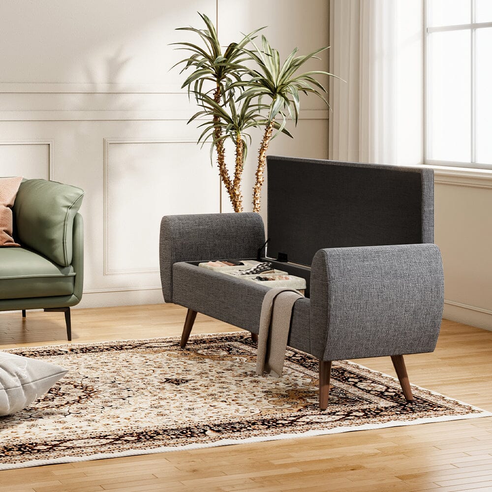 Upholstered Storage Bench with Hidden Compartment – Fabric Ottoman with Wooden Legs Living and Home 