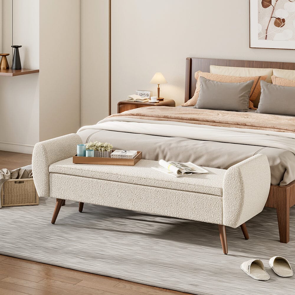 Upholstered Storage Bench with Hidden Compartment – Fabric Ottoman with Wooden Legs Living and Home 