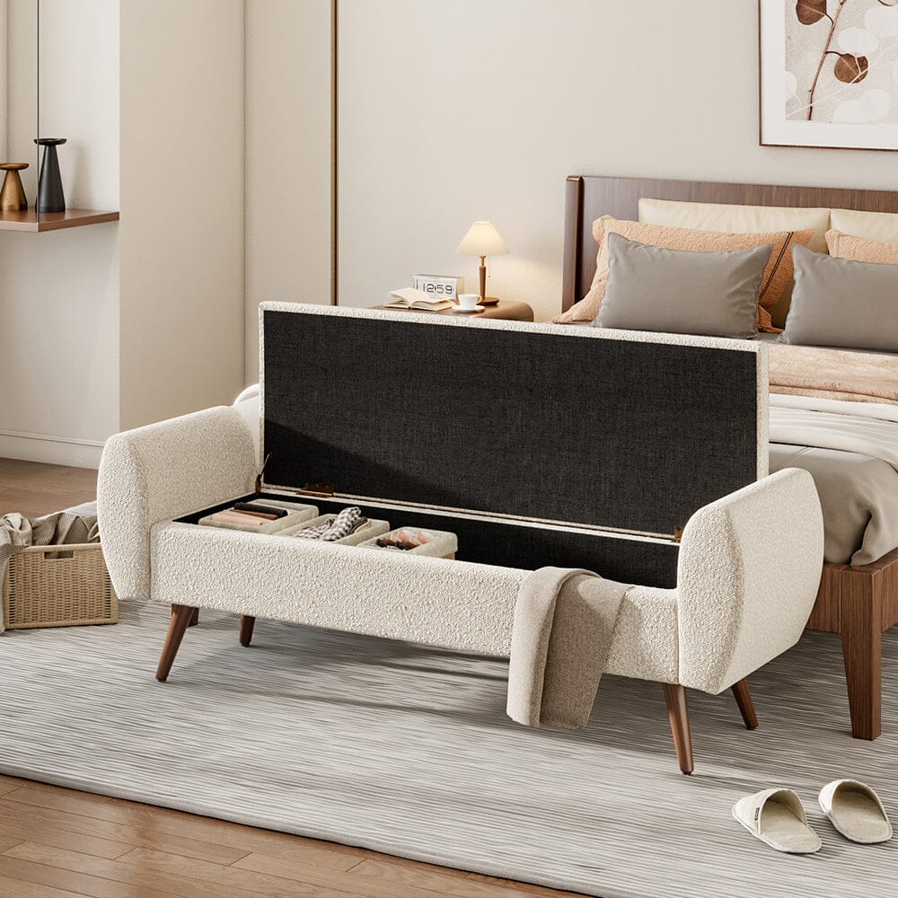 Upholstered Storage Bench with Hidden Compartment – Fabric Ottoman with Wooden Legs Living and Home 