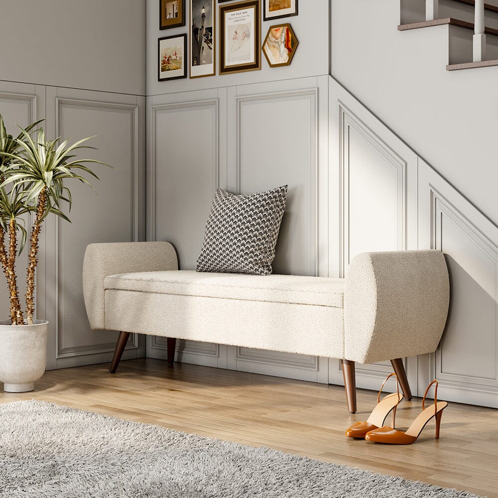 Upholstered Storage Bench with Hidden Compartment – Fabric Ottoman with Wooden Legs Living and Home 