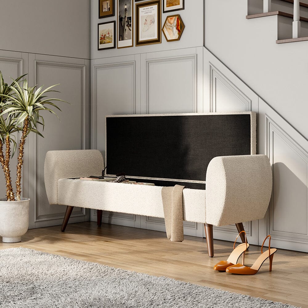 Upholstered Storage Bench with Hidden Compartment – Fabric Ottoman with Wooden Legs Living and Home 