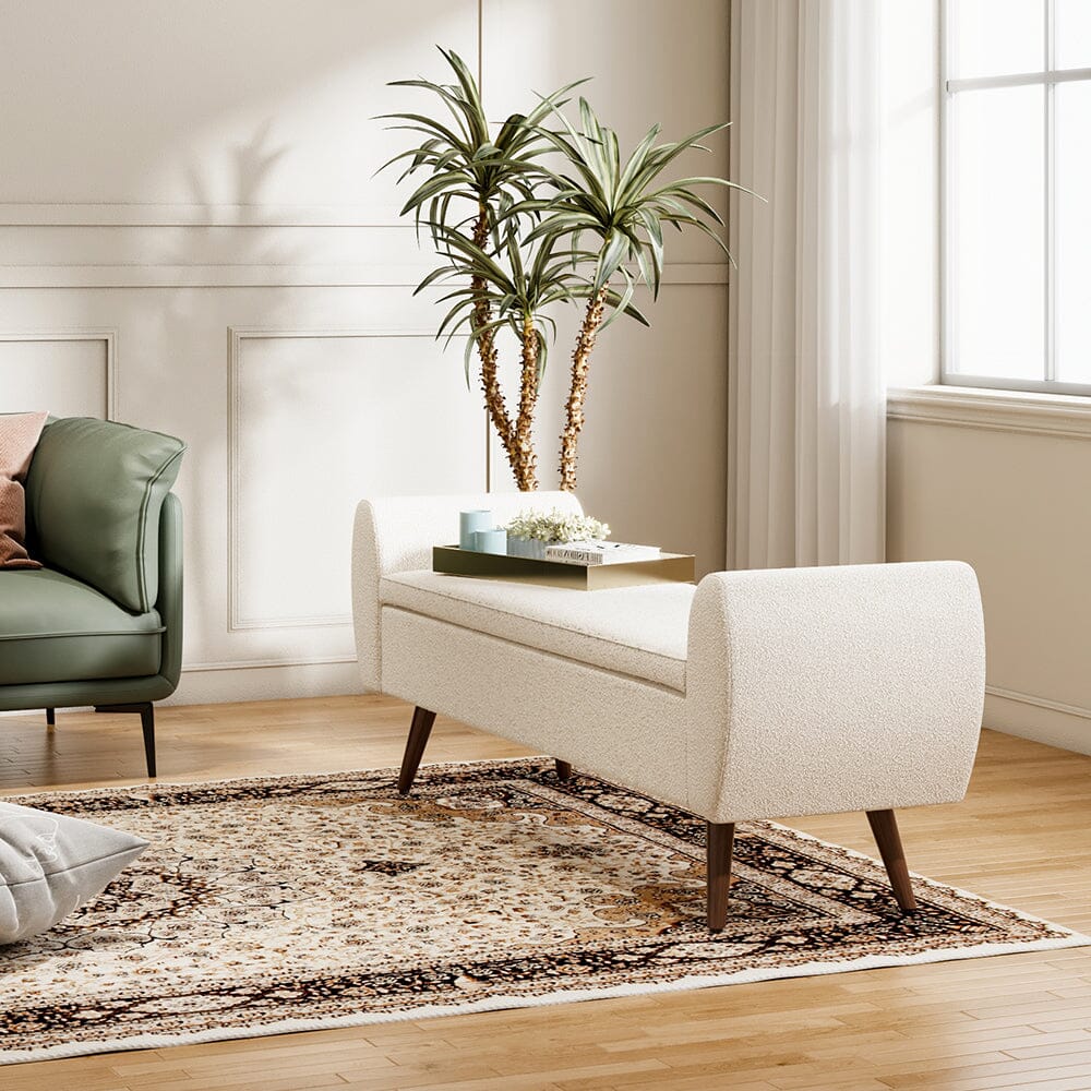 Upholstered Storage Bench with Hidden Compartment – Fabric Ottoman with Wooden Legs Living and Home 