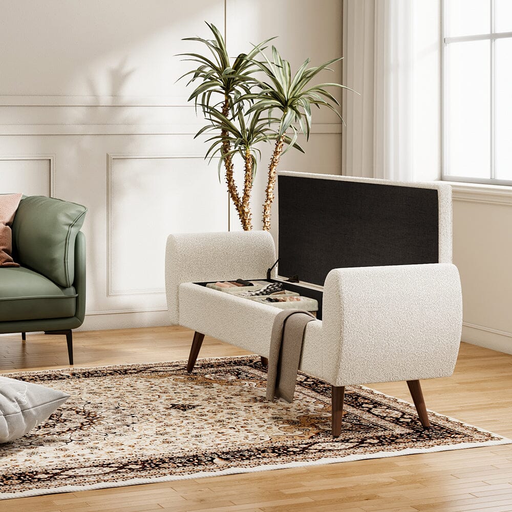 Upholstered Storage Bench with Hidden Compartment – Fabric Ottoman with Wooden Legs Living and Home 