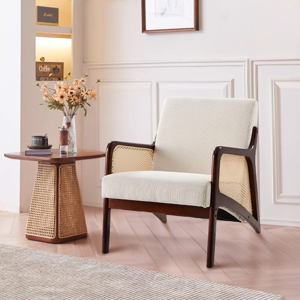 Scandi-Boho Rattan & Bouclé Accent Chair – Beige Corduroy Living and Home 