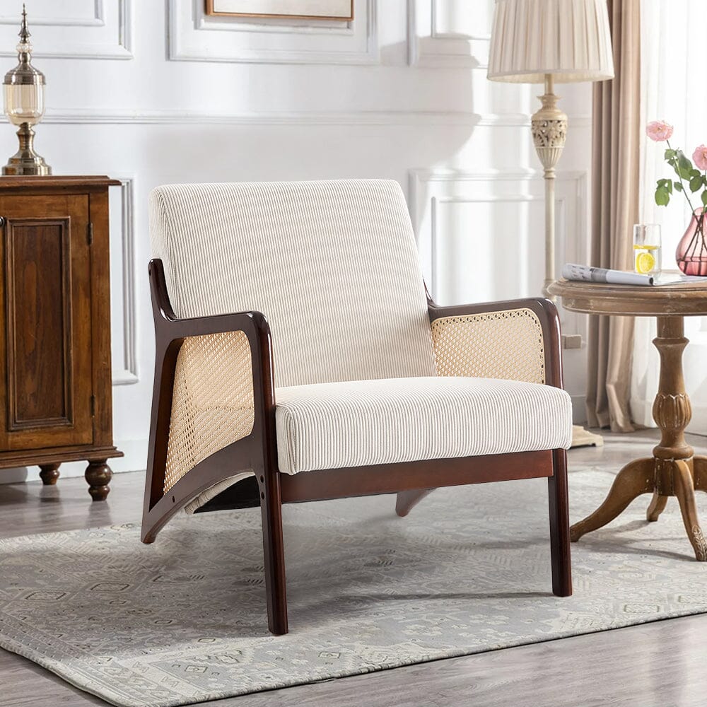 Scandi-Boho Rattan & Bouclé Accent Chair – Beige Corduroy Living and Home 