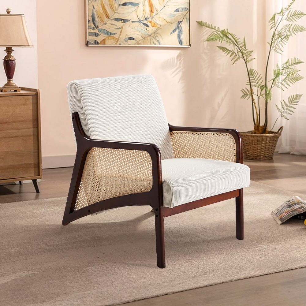 Scandi-Boho Rattan & Bouclé Accent Chair – Beige Corduroy Living and Home 