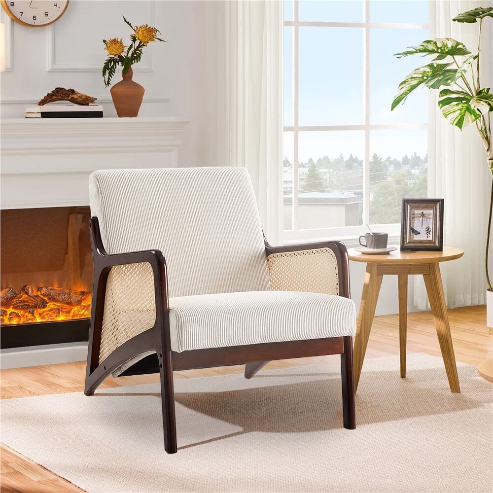 Scandi-Boho Rattan & Bouclé Accent Chair – Beige Corduroy Living and Home 