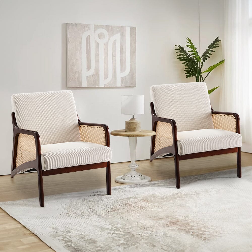 Scandi-Boho Rattan & Bouclé Accent Chair – Beige Corduroy Living and Home 