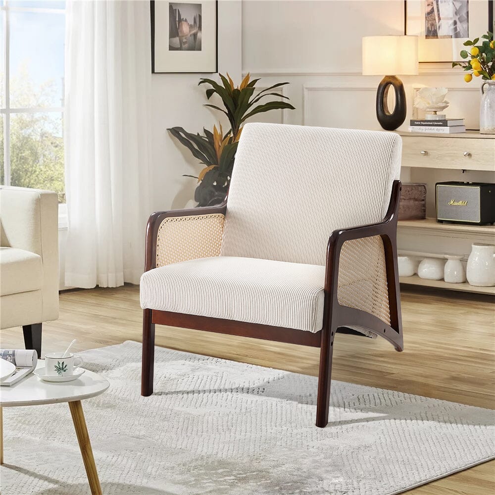Scandi-Boho Rattan & Bouclé Accent Chair – Beige Corduroy Living and Home 