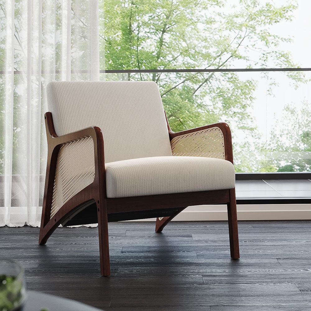 Scandi-Boho Rattan & Bouclé Accent Chair – Beige Corduroy Living and Home 