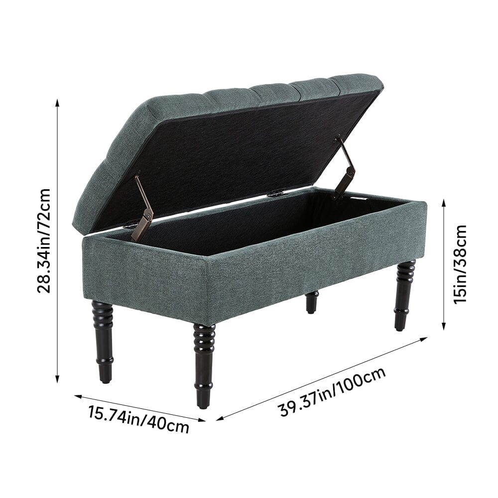 Green Linen Storage Bench with Tufted Top & Black Rubberwood Curved Legs Living and Home 