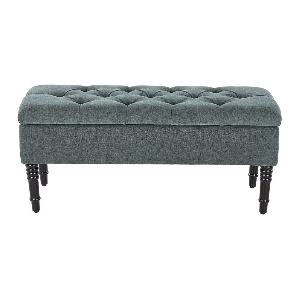 Green Linen Storage Bench with Tufted Top & Black Rubberwood Curved Legs Living and Home 