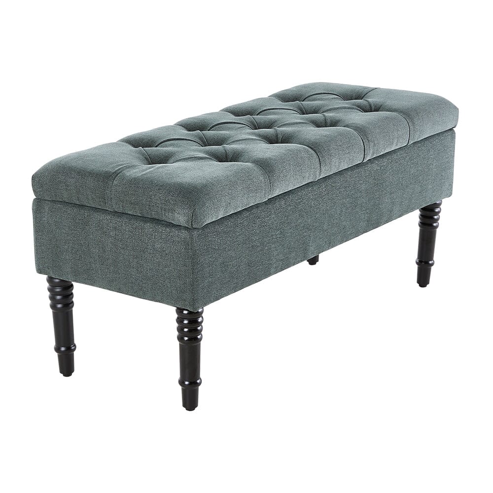 Green Linen Storage Bench with Tufted Top & Black Rubberwood Curved Legs Living and Home 
