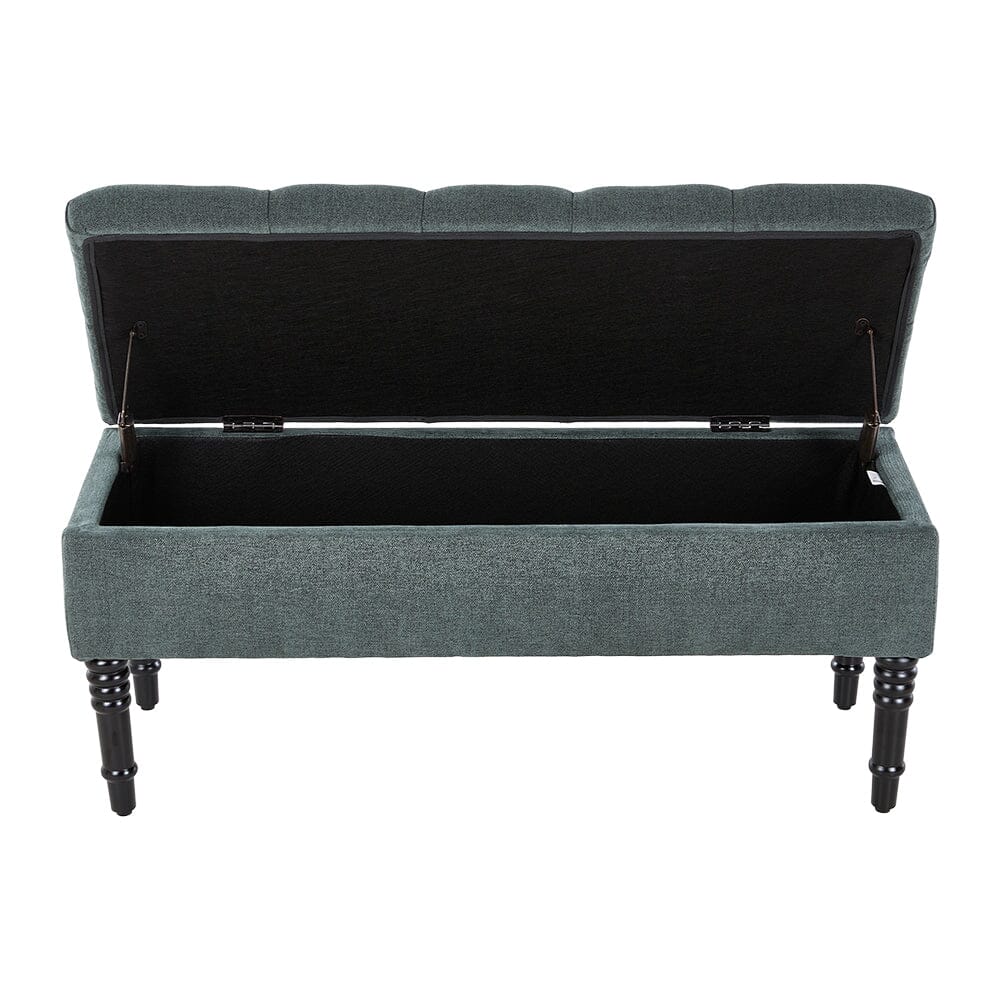 Green Linen Storage Bench with Tufted Top & Black Rubberwood Curved Legs Living and Home 