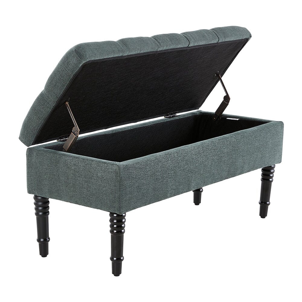 Green Linen Storage Bench with Tufted Top & Black Rubberwood Curved Legs Living and Home 