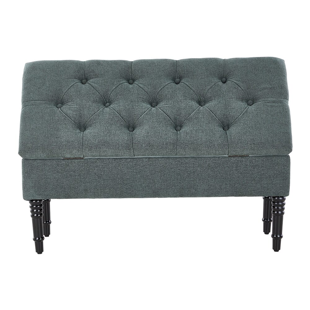 Green Linen Storage Bench with Tufted Top & Black Rubberwood Curved Legs Living and Home 