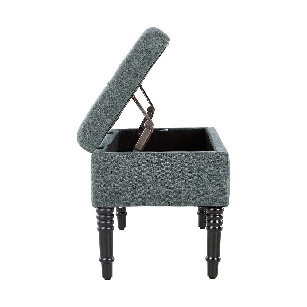 Green Linen Storage Bench with Tufted Top & Black Rubberwood Curved Legs Living and Home 