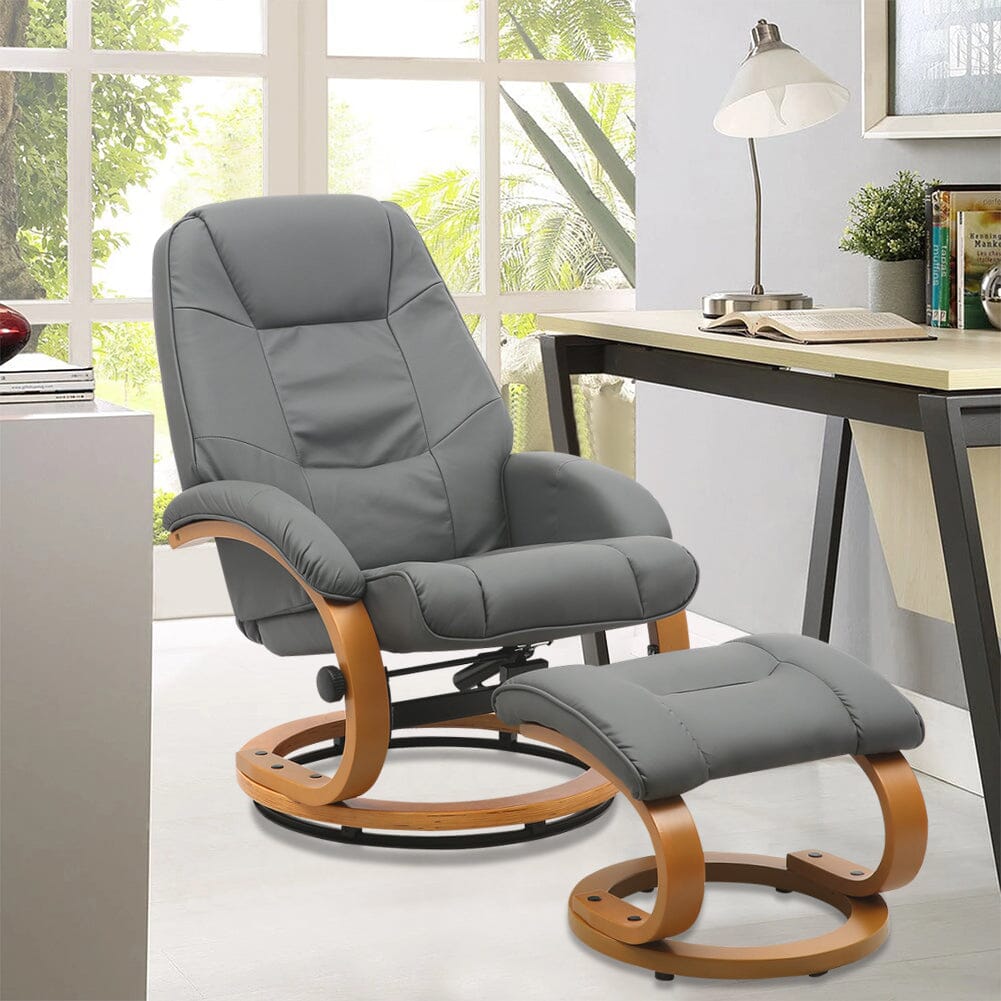 Executive Chair with Ottoman Grey PU Leather 360 Swivel Wood Base Living and Home 