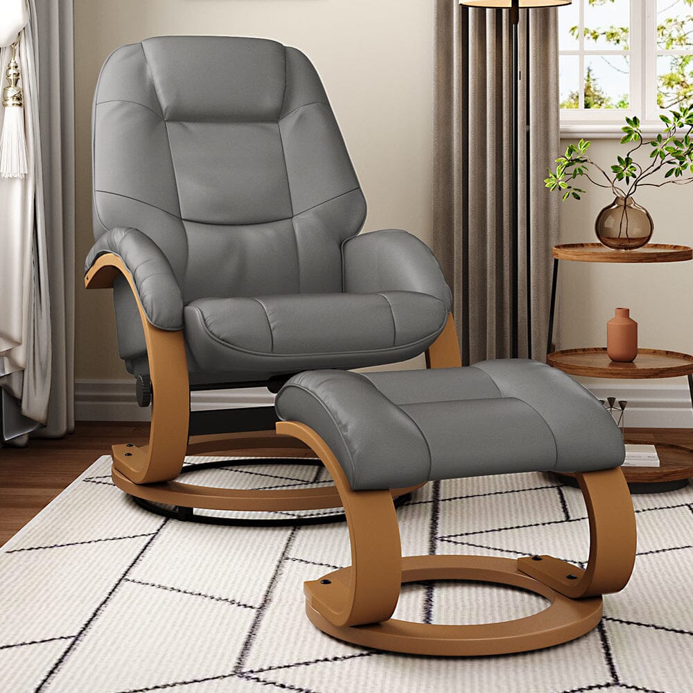 Executive Chair with Ottoman Grey PU Leather 360 Swivel Wood Base Living and Home 