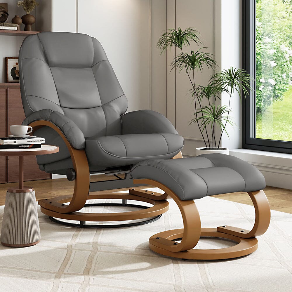 Executive Chair with Ottoman Grey PU Leather 360 Swivel Wood Base Living and Home 