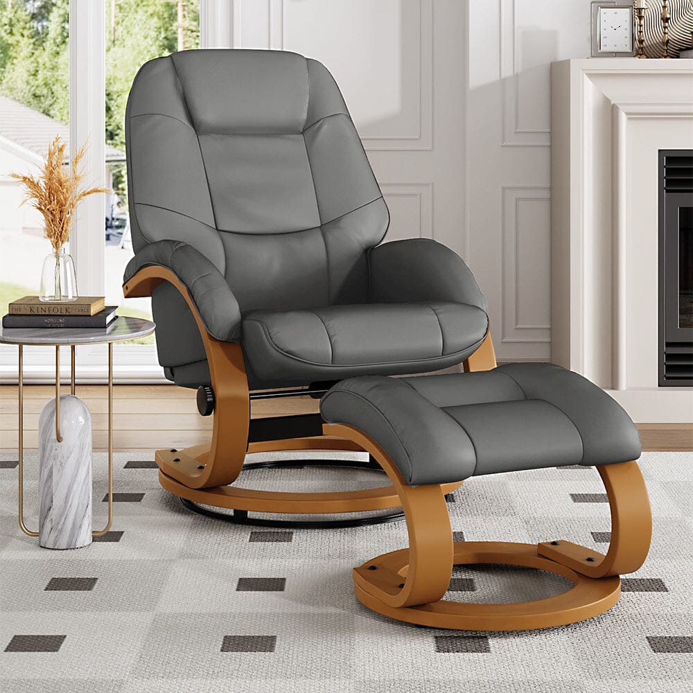 Executive Chair with Ottoman Grey PU Leather 360 Swivel Wood Base Living and Home Grey 