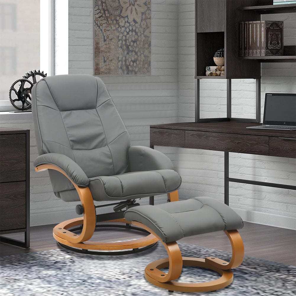 Executive Chair with Ottoman Grey PU Leather 360 Swivel Wood Base Living and Home 
