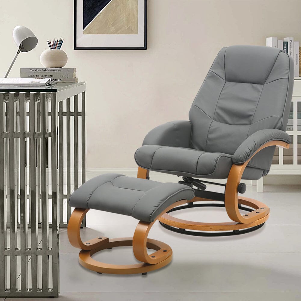 Executive Chair with Ottoman Grey PU Leather 360 Swivel Wood Base Living and Home 