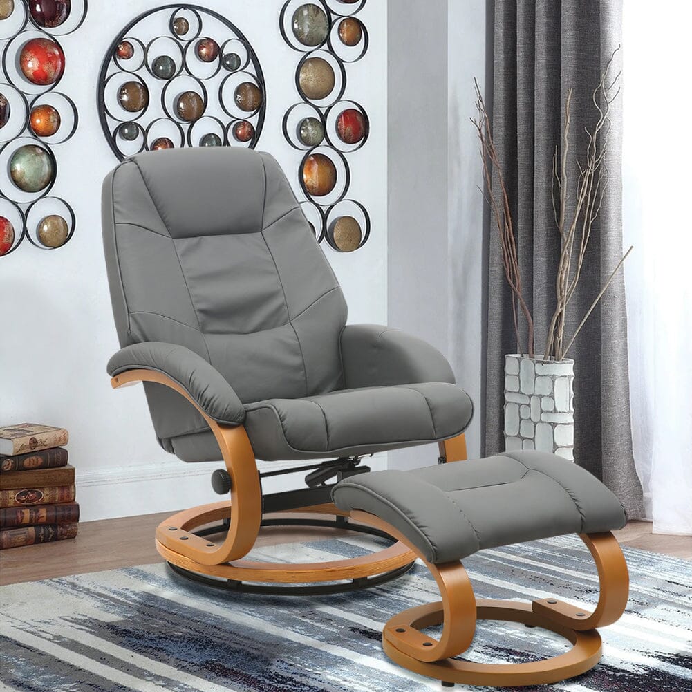 Executive Chair with Ottoman Grey PU Leather 360 Swivel Wood Base Living and Home 