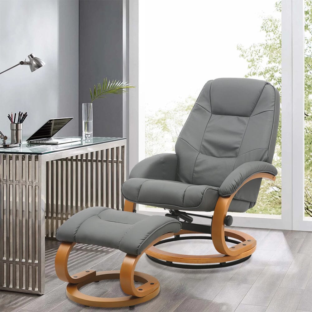 Executive Chair with Ottoman Grey PU Leather 360 Swivel Wood Base Living and Home 