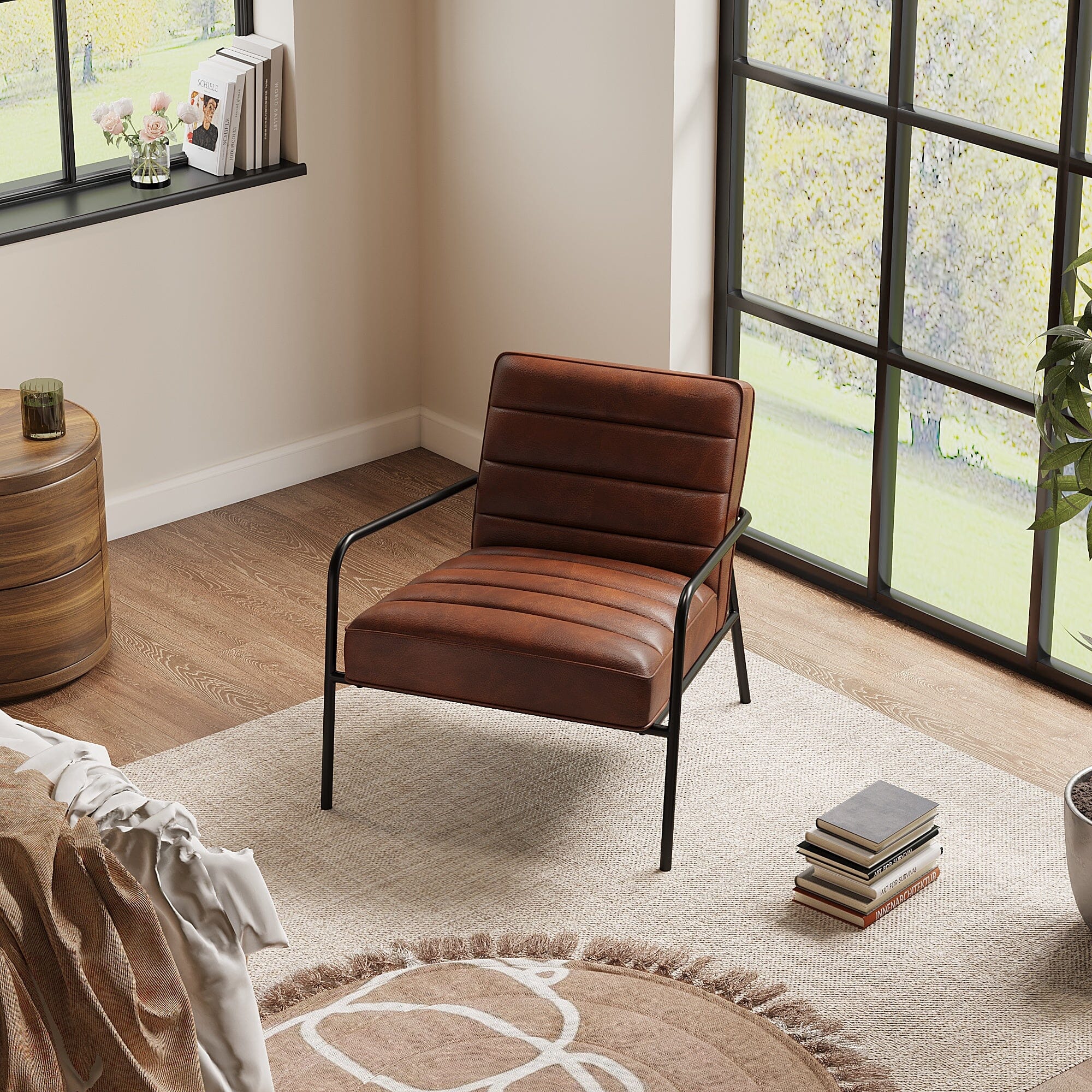 Modern Leisure Accent Chair Brown Faux Leather with Black Metal Frame Living and Home 