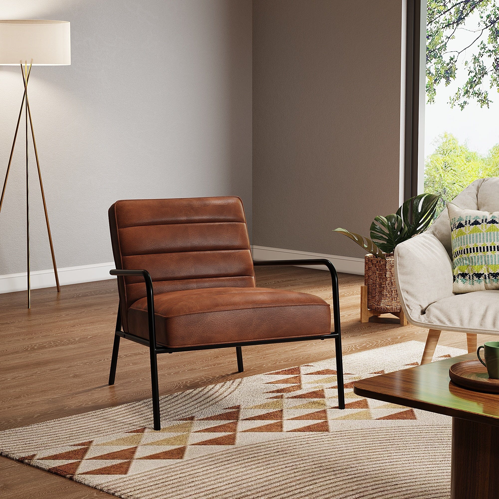 Modern Leisure Accent Chair Brown Faux Leather with Black Metal Frame Living and Home 
