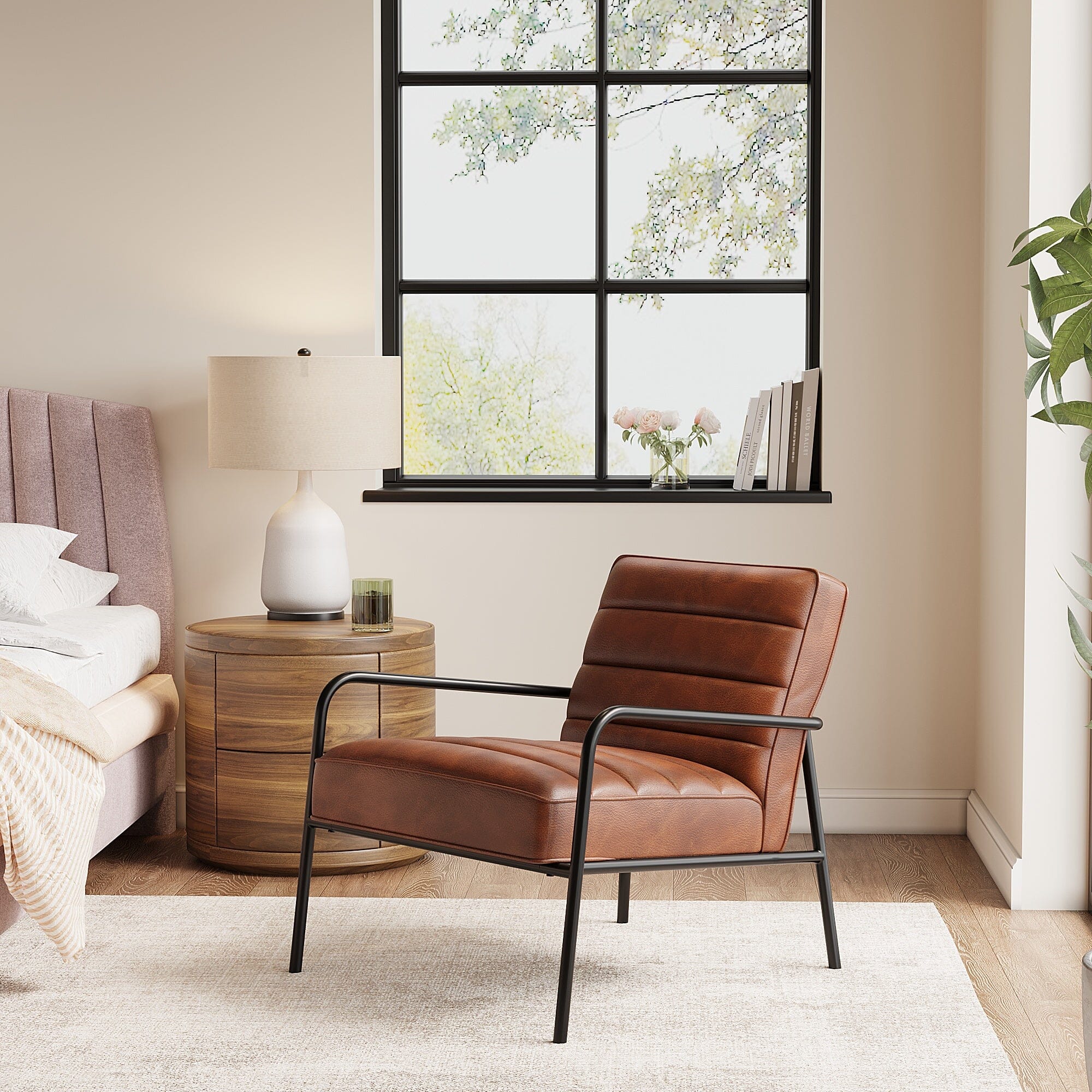 Modern Leisure Accent Chair Brown Faux Leather with Black Metal Frame Living and Home 