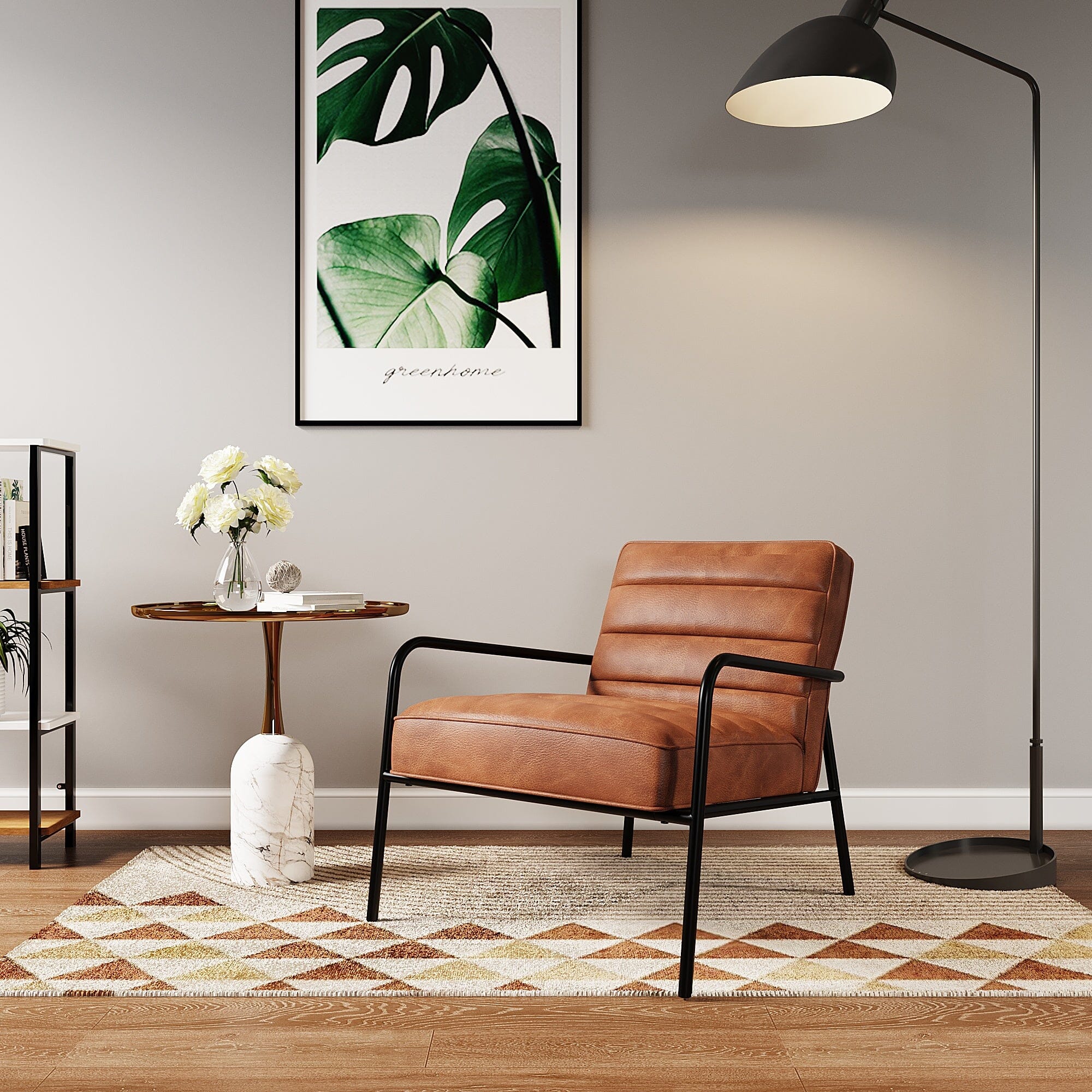 Modern Leisure Accent Chair Brown Faux Leather with Black Metal Frame Living and Home 