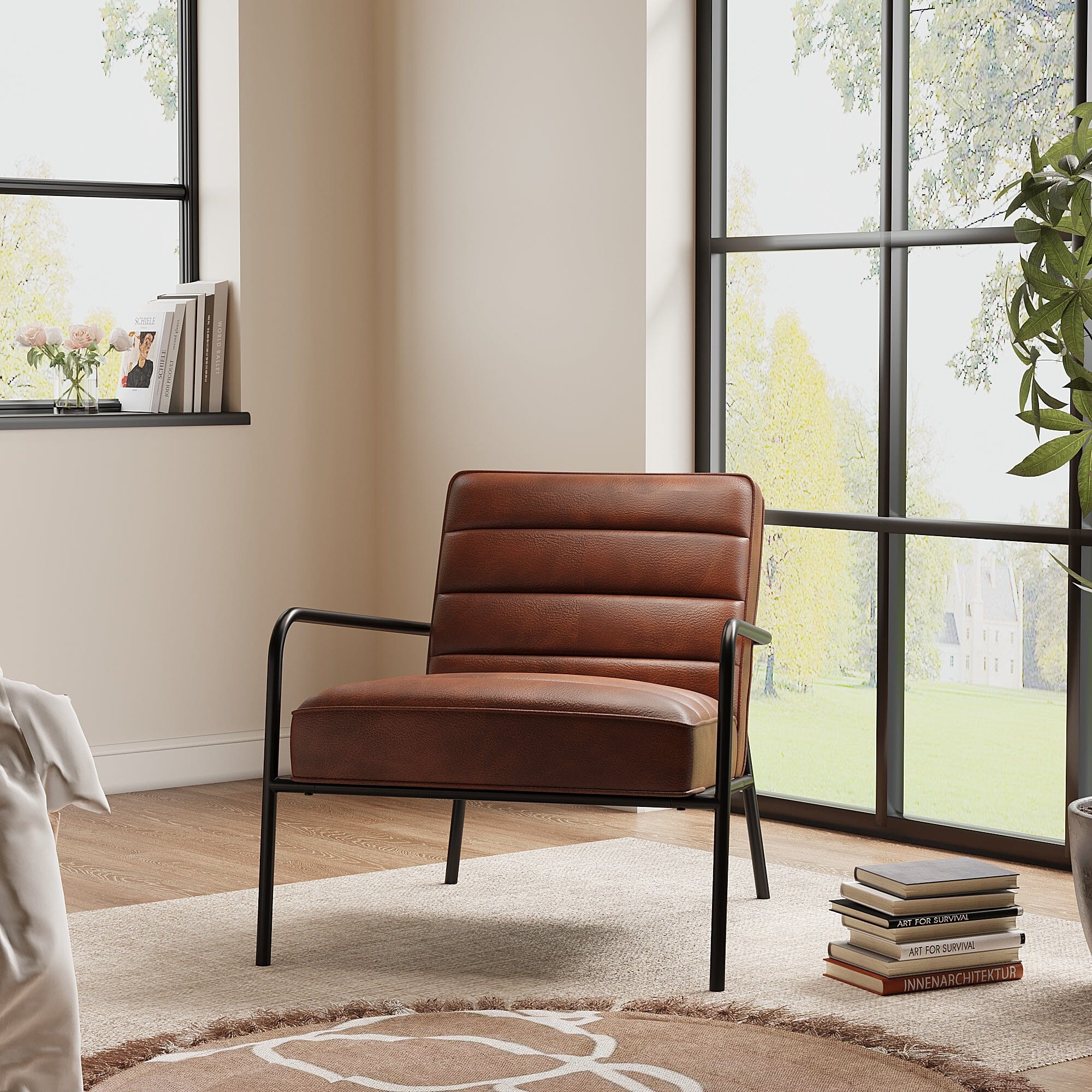 Modern Leisure Accent Chair Brown Faux Leather with Black Metal Frame Living and Home 