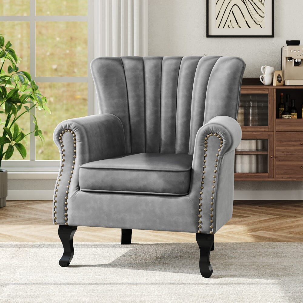 Accent Chair Velvet Curved Legs Studded Detail Living and Home Grey 
