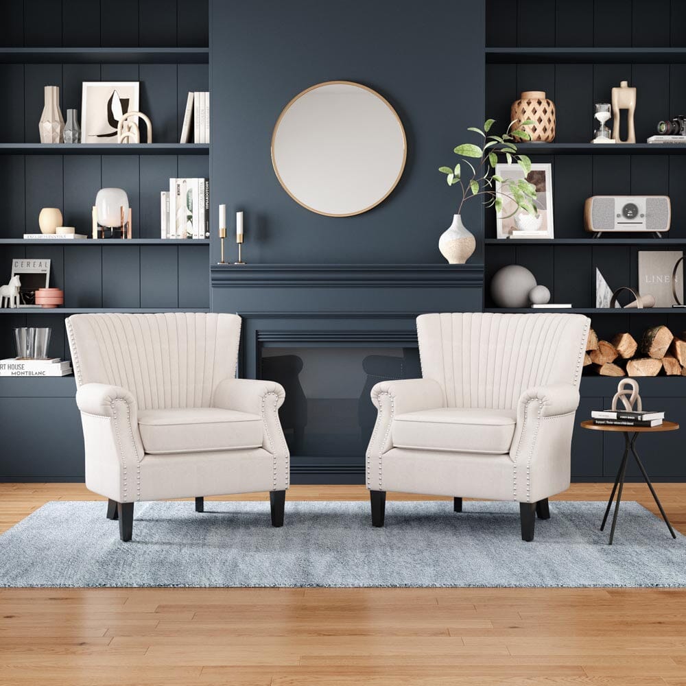 Accent Chair Beige Linen Black Rubber Wood Legs Spring Cushion Living and Home 
