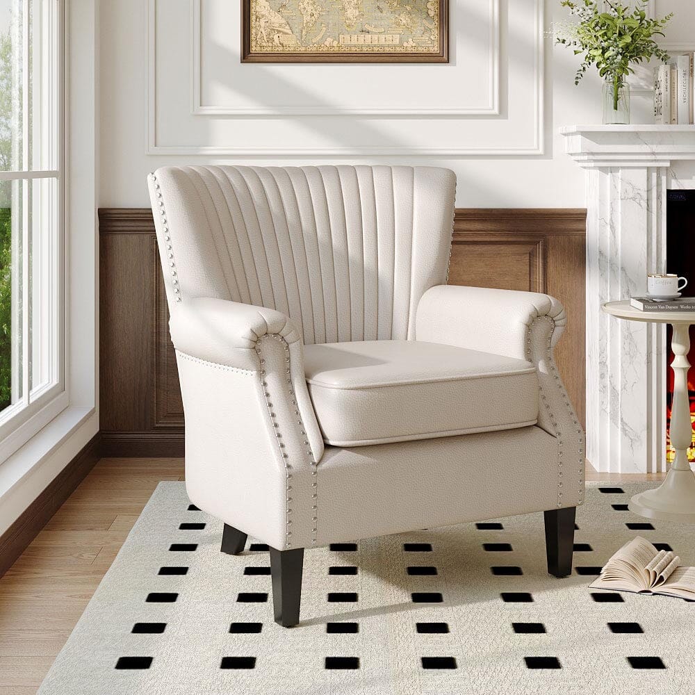 Accent Chair Beige Linen Black Rubber Wood Legs Spring Cushion Living and Home 