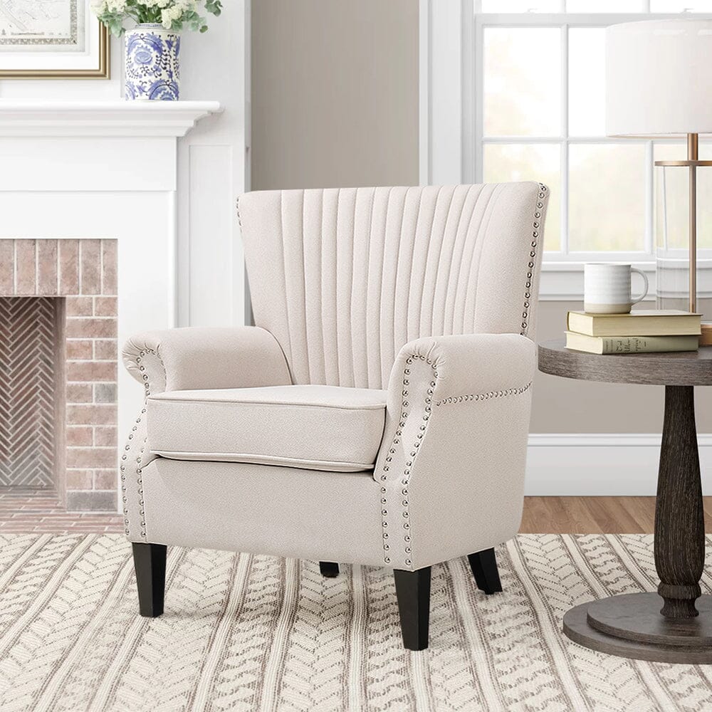 Accent Chair Beige Linen Black Rubber Wood Legs Spring Cushion Living and Home 