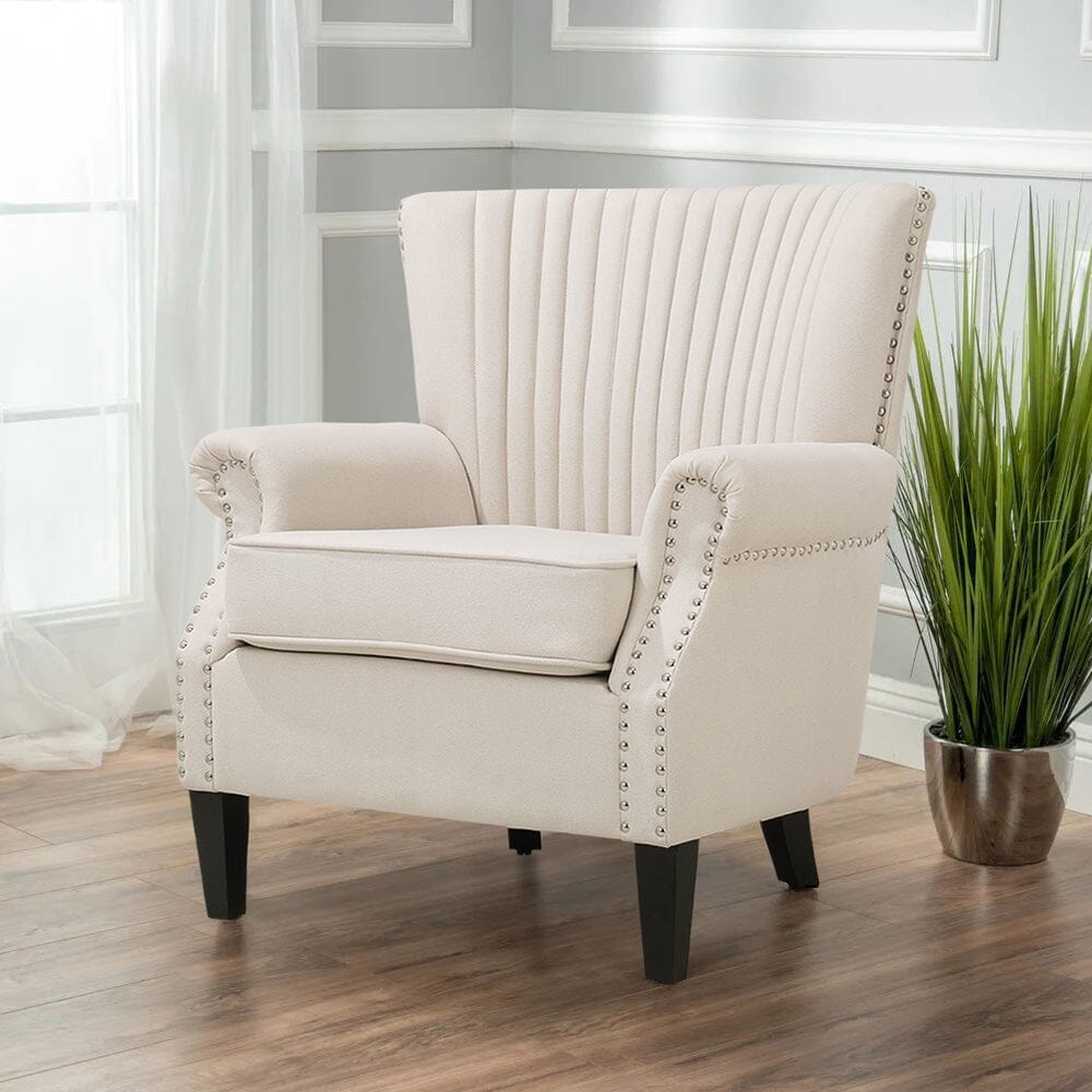 Accent Chair Beige Linen Black Rubber Wood Legs Spring Cushion Living and Home 