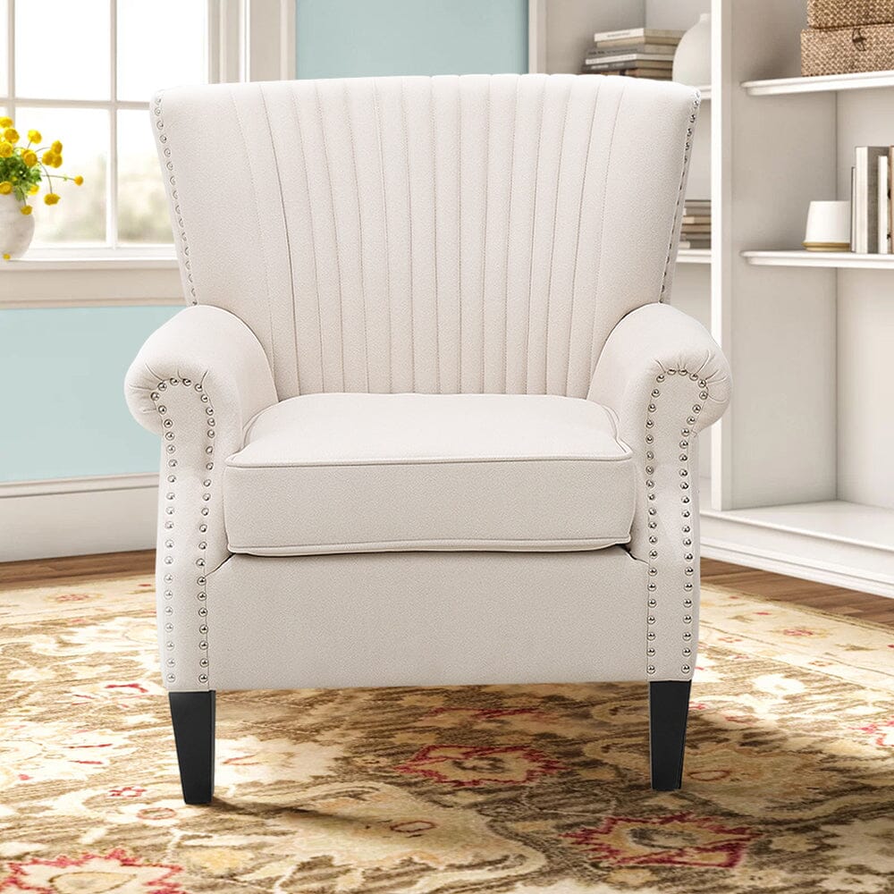 Accent Chair Beige Linen Black Rubber Wood Legs Spring Cushion Living and Home 