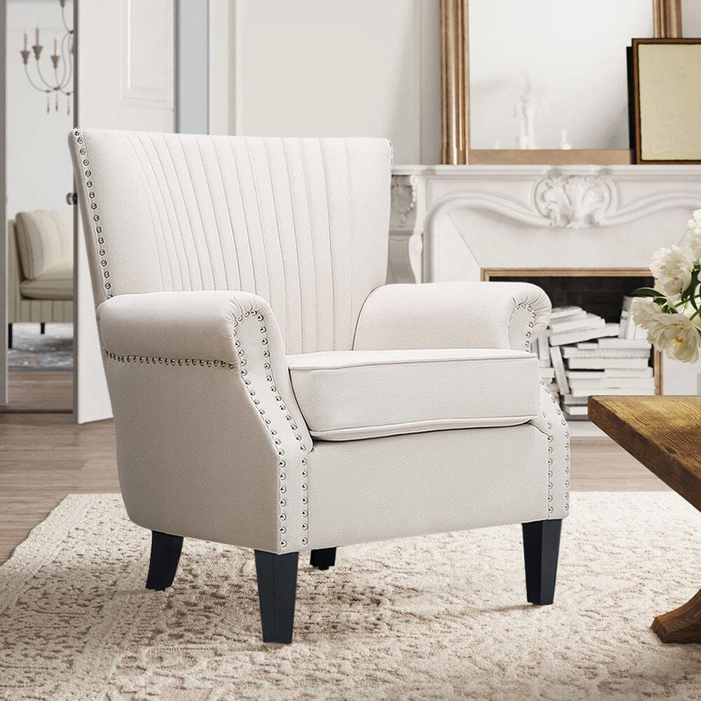 Accent Chair Beige Linen Black Rubber Wood Legs Spring Cushion Living and Home 