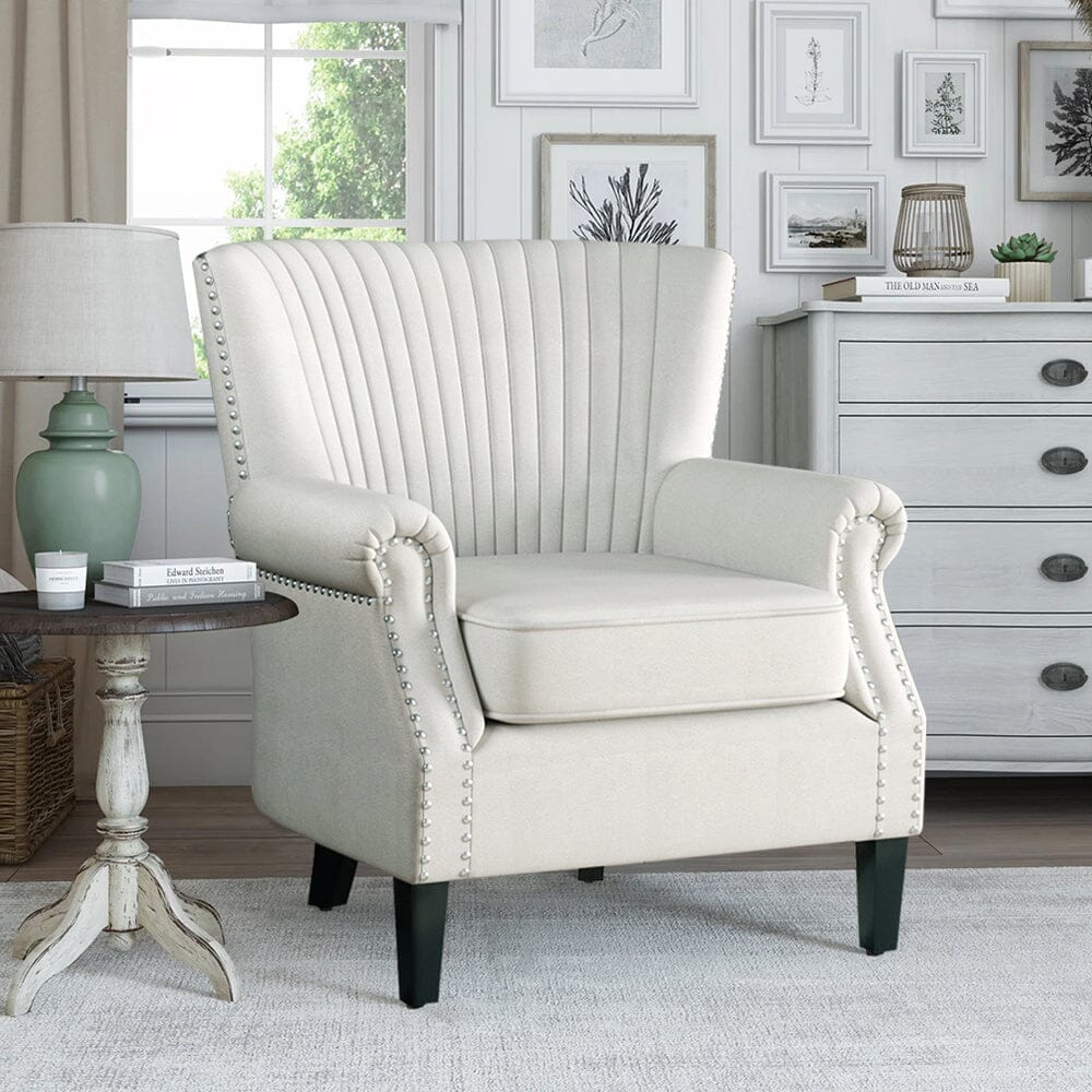Accent Chair Beige Linen Black Rubber Wood Legs Spring Cushion Living and Home 