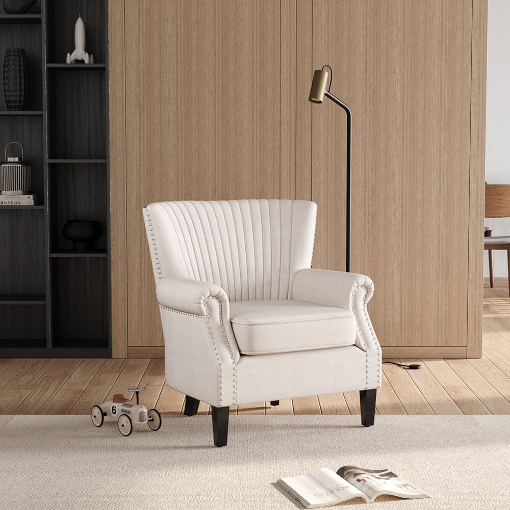 Accent Chair Beige Linen Black Rubber Wood Legs Spring Cushion Living and Home 