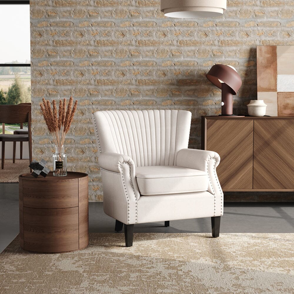 Accent Chair Beige Linen Black Rubber Wood Legs Spring Cushion Living and Home 