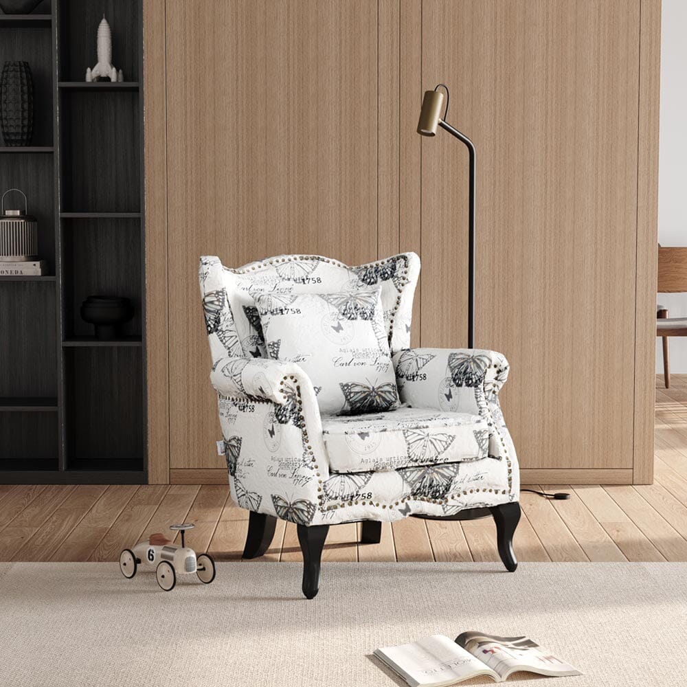 Accent Chair White Floral Linen Black Rubber Wood Tiger Legs Living and Home 