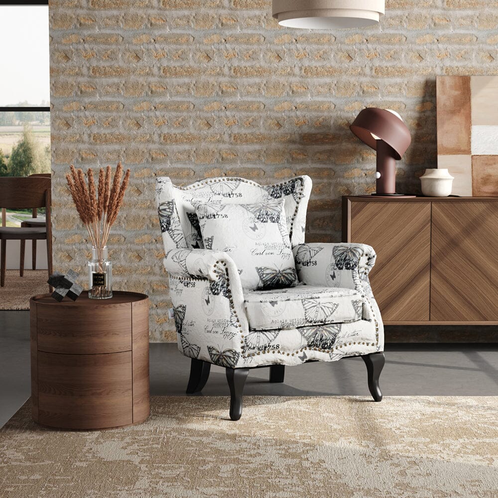 Accent Chair White Floral Linen Black Rubber Wood Tiger Legs Living and Home 