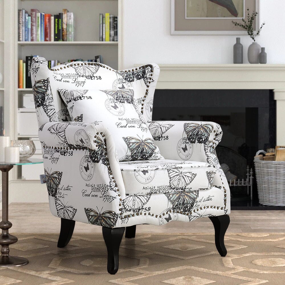 Accent Chair White Floral Linen Black Rubber Wood Tiger Legs Living and Home 