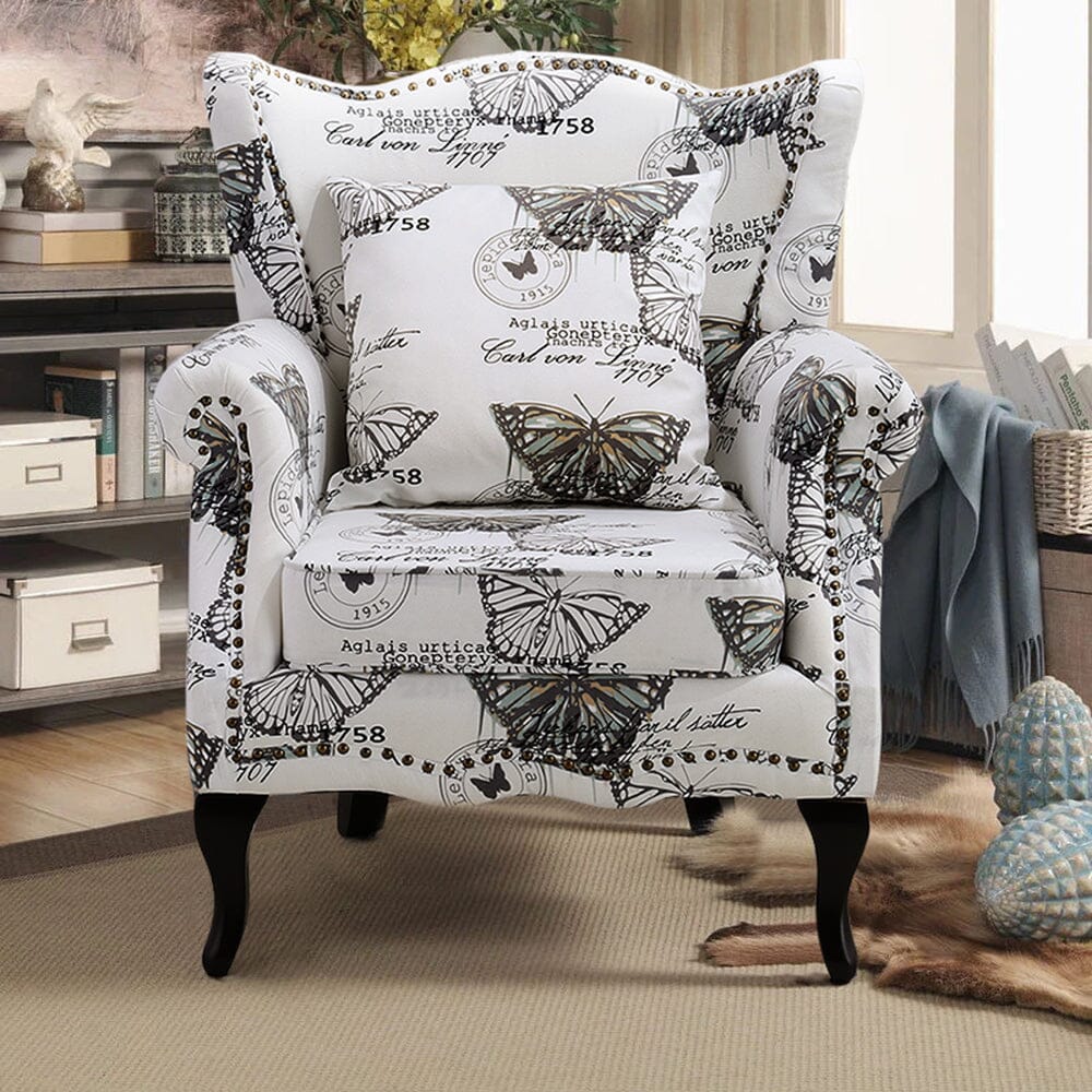 Accent Chair White Floral Linen Black Rubber Wood Tiger Legs Living and Home 
